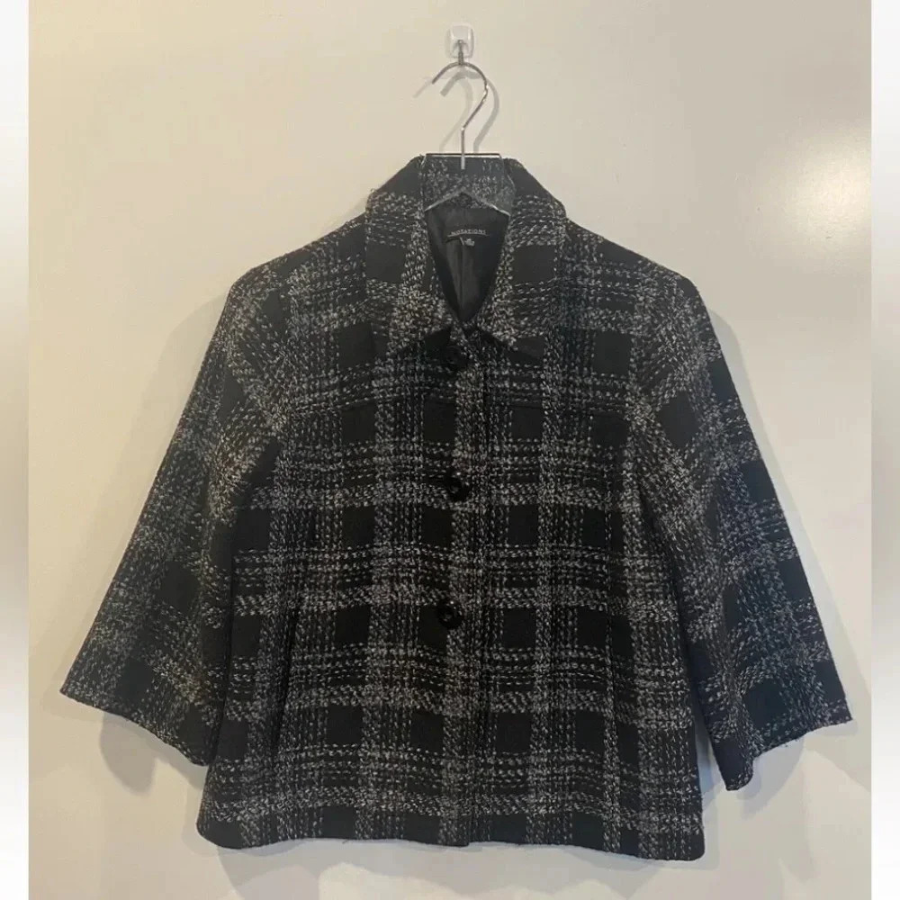 Notations Black White Plaid‎ 3 Button Tweed Blazer Jacket Womens Size Medium